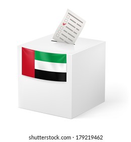 Election in United Arab Emirates: ballot box with voting paper on white background