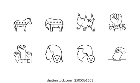 Election in US, line icon set - donkey, Democrats, elephant, Republicans, electoral map, hands, statement of vote, female candidate, male candidate, ballot paper, ballot box. Elections, voting. 