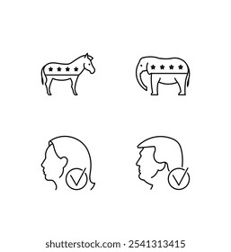 Election in US, line icon set - donkey, Democrats, elephant, Republicans, female candidate, male candidate, ballot paper, ballot box. Elections, voting. 