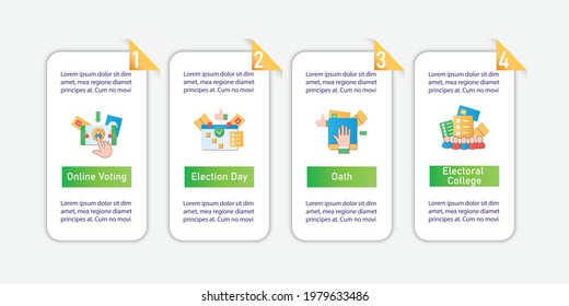 Election vector infographics. Online voting, election day, oath template design elements.Presentation with 4 steps. Choice, vote concept. Democracy. Parliamentary elections layout, info chart, banner