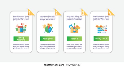 infografía vectorial electoral. Votación, máquina, elementos de diseño de plantilla de tarjeta de identificación.Presentación con 4 pasos. Elección, concepto de votación. Democracia. Diseño de elecciones parlamentarias, gráfico informativo, banner