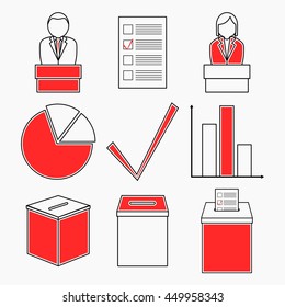 Election. Vector linear icons. Set includes ballot boxes, papers, candidates, man and woman on tribunes, pie chart, diagrams, mark. Political concept.
