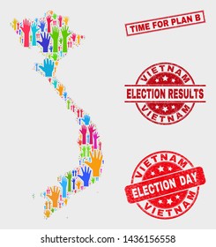 Election Vietnam map and seals. Red rectangle Time for Plan B distress stamp. Colorful Vietnam map mosaic of raised referendum hands. Vector composition for election day, and referendum results.