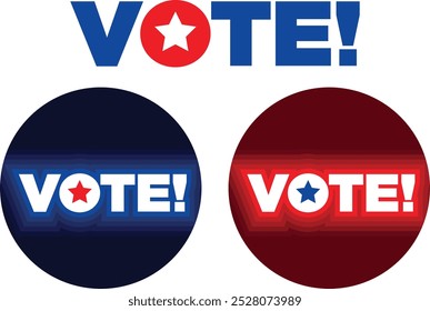 Election vote buttons and text with a star-shaped icon in red, white, and blue