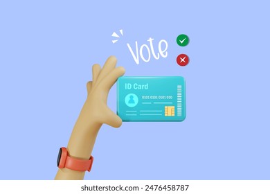 Wahlkonzept. Hand-ID-Karte mit Abstimmungs-Wahlschein-Checkliste. 3D-Vektorgrafik-Zeichentrickfigur.