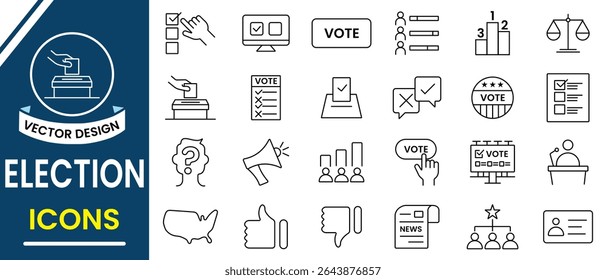 Election and vote icon vector set. Collection of line election, vote symbol, democracy, vote, government,  Voting Box, Election Day vector collection. Vector illustration.