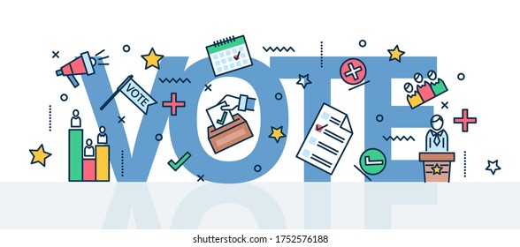 Election vote linear with colourful signs vector illustration. Blank with green check flat style. Blue capital inscription. Campaign strategy concept. Isolated on white background