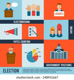 Election votes counting debate and rating icon flat set isolated vector illustration