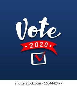 Election voting 2020 in USA. Vote word with checkmark symbol. Digital drawn lettering with shadow, isolated on blue background.