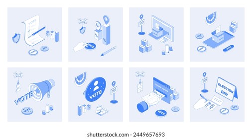 Election and voting 3d isometric concept set with isometric icons design for web. Collection of choice vote forms, boxes and online system, democratic choice, political ratings. Vector illustration
