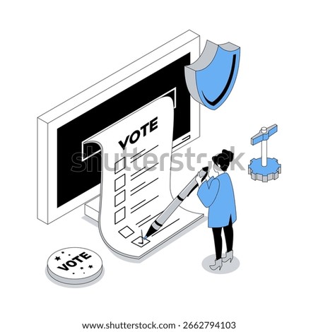 Election and voting 3d isometric concept with isometry people design for web. Woman filling digital questionnaire form and making her political choice, taking part in online vote. Vector illustration