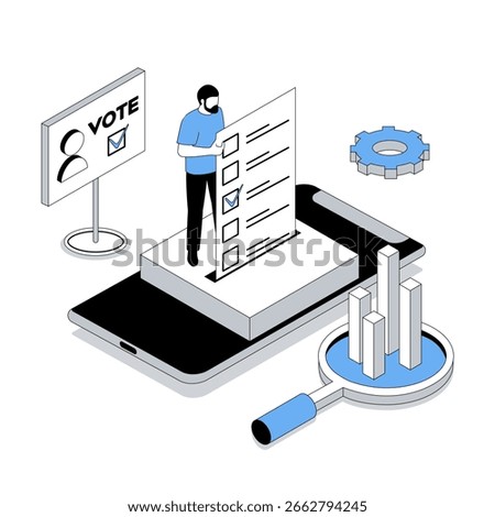 Election and voting 3d isometric concept with isometry people design for web. Man filling digital questionnaire form and making political choice, using mobile app for online vote. Vector illustration