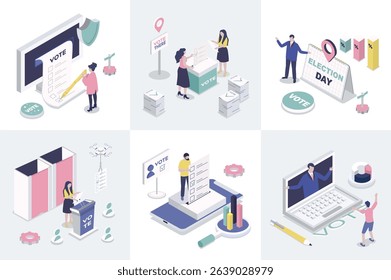 Election and voting 3d isometry concept for web design. Collection set with isometric people using inline vote system, making democratic choices, supporting political candidates. Vector illustration.