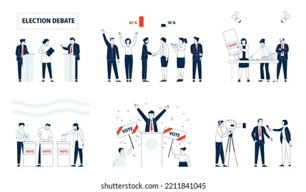 Election And Voting, Candidates Meeting On Political Debate. Support Democracy Crowd, Citizen Rights On Electoral. Vote Campaign Recent Vector Characters