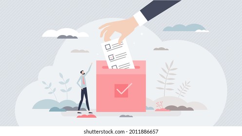 Election and voting with citizens choice in referendum tiny person concept. Democracy process with community decision counting campaign vector illustration. Independence or public revolution event.