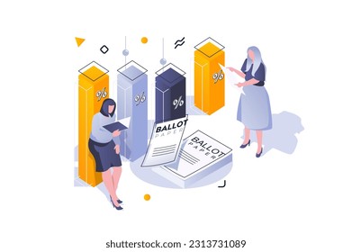 Election and voting concept in 3d isometric design. Women counting exit poll or voting results and show data at bar charts percentage. Vector illustration with isometric people scene for web graphic