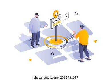 Election and voting concept in 3d isometric design. Men voters go to polls to participate in democratic election or referendum survey. Vector illustration with isometric people scene for web graphic