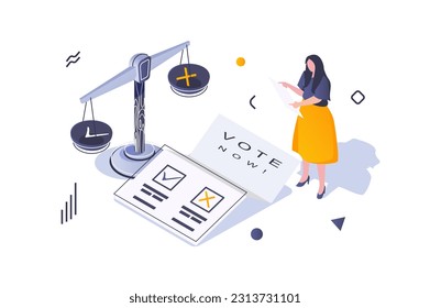 Election and voting concept in 3d isometric design. Woman makes decision and choices politician by voting on ballot at polling station. Vector illustration with isometric people scene for web graphic