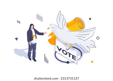 Election and voting concept in 3d isometric design. Woman voting in democratic elections for party with peace diplomacy and dove symbol. Vector illustration with isometric people scene for web graphic