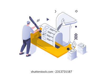 Election and voting concept in 3d isometric design. Man voter chooses his political candidate and put tick on ballot in polling place. Vector illustration with isometric people scene for web graphic