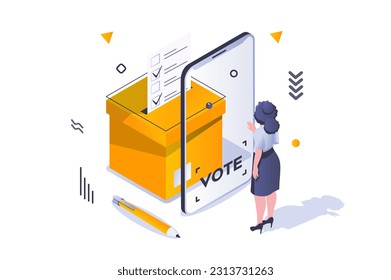 Election and voting concept in 3d isometric design. Woman voter chooses political candidate and put tick on electronic ballot st screen. Vector illustration with isometric people scene for web graphic