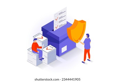 Election and voting concept in 3d isometric design. People vote in elections and put paper forms in safe ballot box, vote count and result. Vector illustration with isometry scene for web graphic