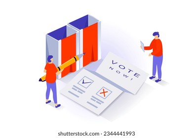 Election and voting concept in 3d isometric design. People vote at polling station, ticking checkbox in paper form for chosen politician. Vector illustration with isometry scene for web graphic