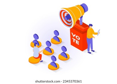 Election and voting concept in 3d isometric design. People meet with politicians, listen to speech and election campaign of political parties. Vector illustration with isometry scene for web graphic