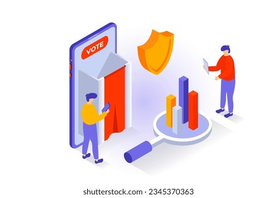 Election and voting concept in 3d isometric design. People vote in elections at safety polling stations with booths and calculating results. Vector illustration with isometry scene for web graphic