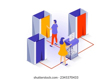 Wahl- und Abstimmungskonzept in 3D-isometrischem Design. Die Leute gehen an den Wahllokalen und wählen in den Ständen und setzen eine Liste mit Auswahlfeldern in das Feld. Vektorgrafik mit Isometrie-Szene für Web-Grafik