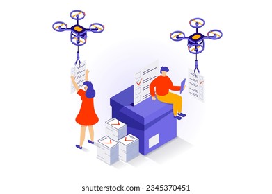 Election and voting concept in 3d isometric design. People hold elections with politicians and party supporters, flying drones with ballots. Vector illustration with isometry scene for web graphic