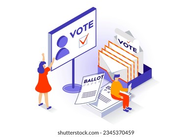 Election and voting concept in 3d isometric design. People hold democratic elections with campaigning voters and choosing political candidates. Vector illustration with isometry scene for web graphic