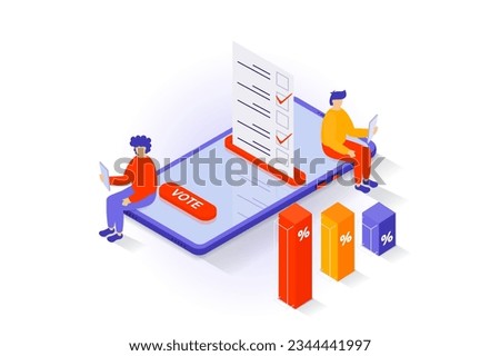 Election and voting concept in 3d isometric design. People vote in elections, calculating votes and make charts with exit polls and results. Vector illustration with isometry scene for web graphic