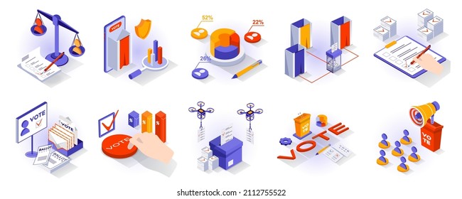 Election And Voting Concept Isometric 3d Icons Set. Ballot Papers, Candidate Selection, Voting Booths, Exit Polls, Political Campaigning Of Voters, Isometry Isolated Collection. Vector Illustration