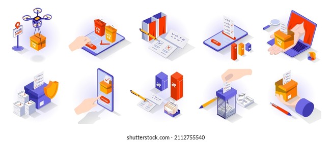Election And Voting Concept Isometric 3d Icons Set. E-voting At Mobile App Or Computer, Ballot Box, Candidate Lists, Results, Election Security, Isometry Isolated Collection. Vector Illustration