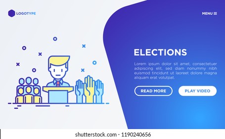 Election and voting concept with thin line icons: voters, debate, president, political victory. Modern vector illustration, web page template.