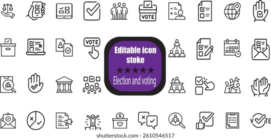 Election and voting Editable Stroke icon set. Containing democracy, vote, government, voting, campaign, political, ballot, candidate and president icons.