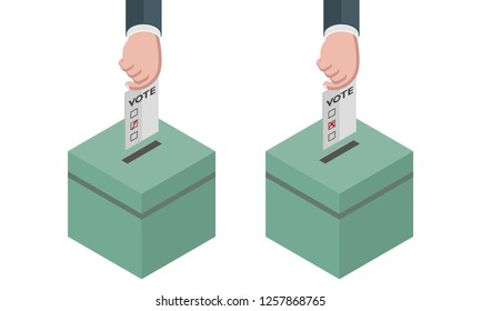 Election Voting / Hand inserting Voting Paper with Tick Sign and Cross Sign into Ballot Box - Vector Illustration