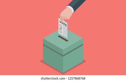 Election Voting / Hand inserting Voting Paper with Tick Sign into Ballot Box on Pink background - Vector Illustration