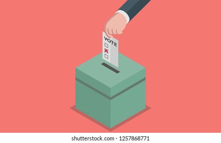 Election Voting / Hand inserting Voting Paper with Cross Sign into Ballot Box on Pink background - Vector Illustration