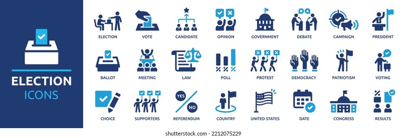 Election and voting icon set. Containing democracy, vote, government, voting, campaign, political, voter, ballot, candidate and president icons. Solid icons vector collection.