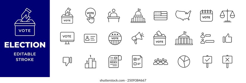 Election and voting icon set. Democracy, vote, politics concept. Lineal icon collection editable stroke vector