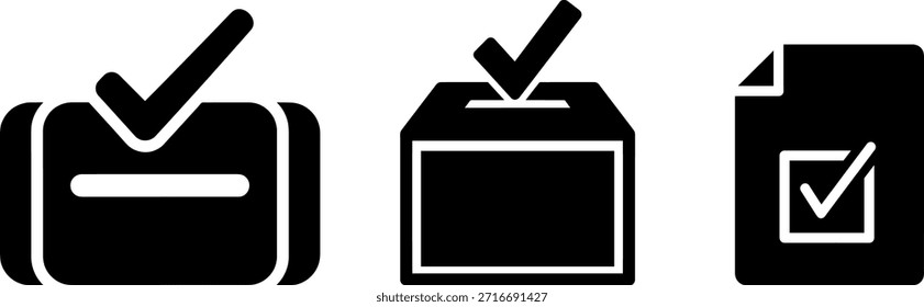 Conjunto de iconos de votación electoral con registro, urna de votación y Casilla de verificación de documentos. Perfecto para sistemas de votación, App cívicos y materiales electorales. Vector negro.