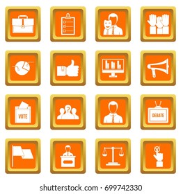 Election voting icons set in orange color isolated vector illustration for web and any design