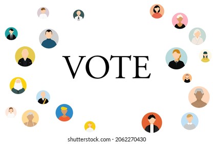 Election voting image, person icon surrounding the word VOTE