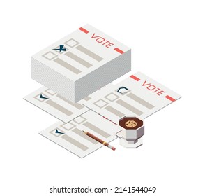 Election voting isometric icon with piles of ballots 3d vector illustration