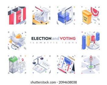 Election and Voting isometric icons set. Polling stations, list of candidates, election day, legal election campaign, ratings analysis 3d isometry isolated pack. Vector illustration isometric elements