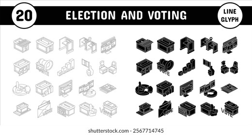 Election and Voting Line Glyph Vector Illustration Icon Sticker Set Design Materials