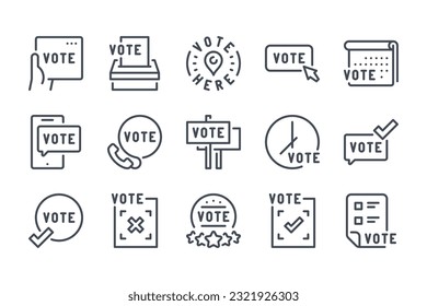 Symbol für die Wahlungs- und Abstimmungslinie eingestellt. Wahlurnen, Wahlabstimmung und lineare Symbole der politischen Umfrage. Wählen Sie eine Vektorzeichenkollektion für einen Kandidaten.