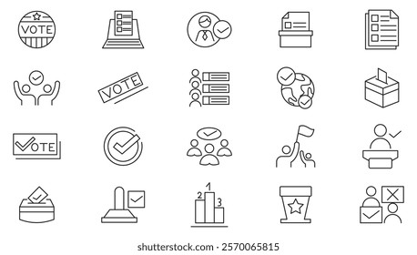 Election and Voting line icon set. Voter registration, election day, campaign rally, polling station, absentee ballot, early voting, voter id, ballot line icon set. Ui thin line icon pack.